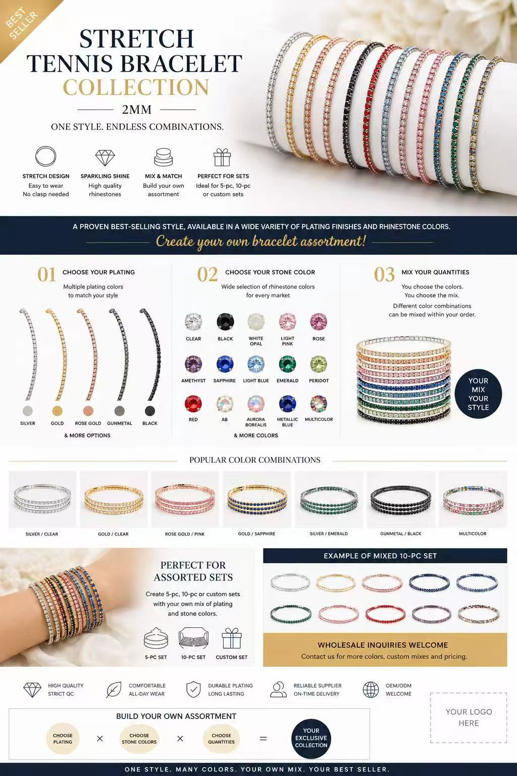 Bracelets tennis extensibles fins, dans différentes finitions métalliques et couleurs de strass, présentés dans le guide de collection