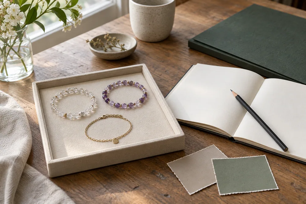 A generic buyer planning desk with a bracelet tray, blank notebook, pencil and color swatches.