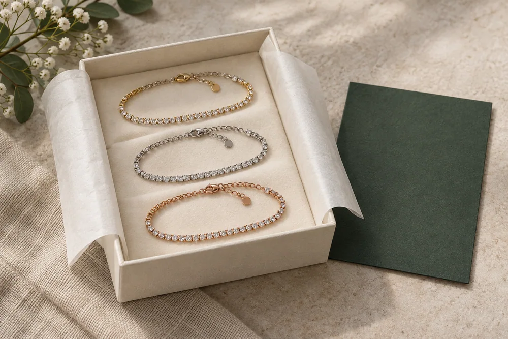 A generic gift-unit concept with three bracelet ideas in one box and a blank card beside it.