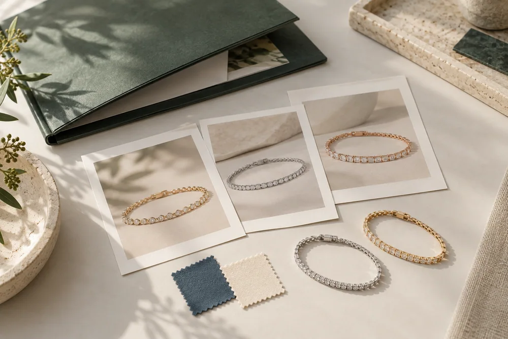 A generic reference-selection board with bracelet image cards, two bracelet ideas and color swatches.