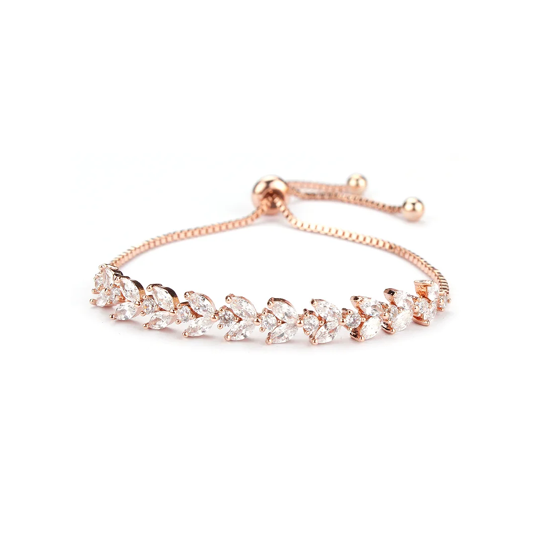 Bracelet ton or rose à feuilles en cristaux