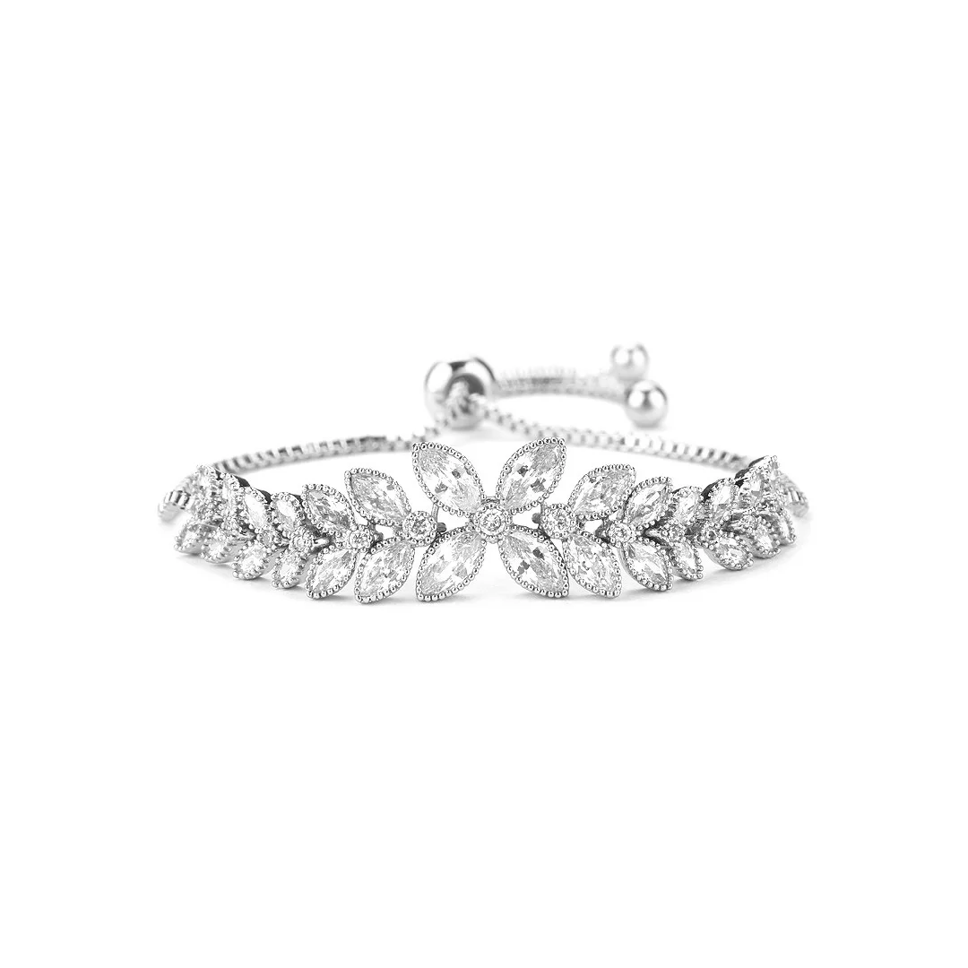 Bracelet ton argenté à feuilles et fleurs